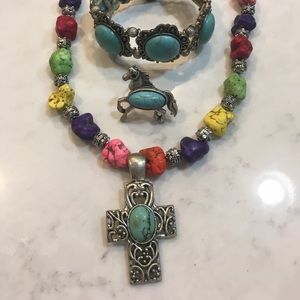 Turquoise and multicolored cross, ring, &bracelet